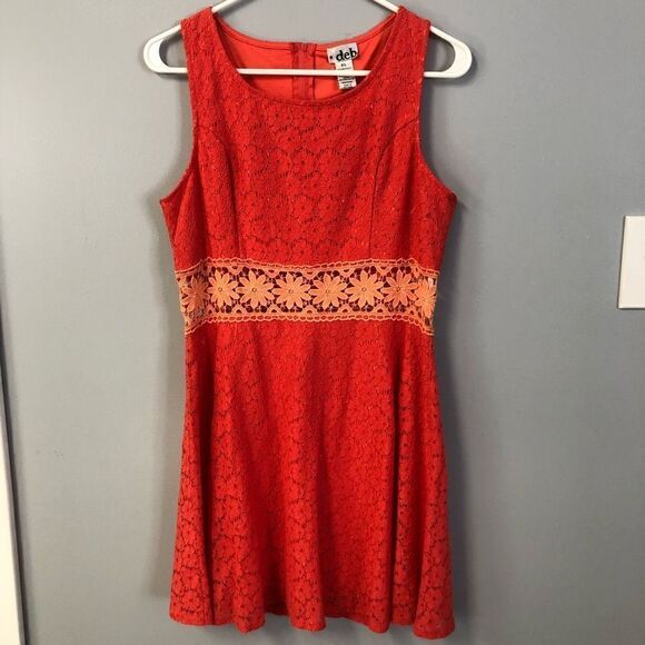deb coral skater dress cut out mid section daisy lace coral pink and orange s xl - Picture 1 of 13